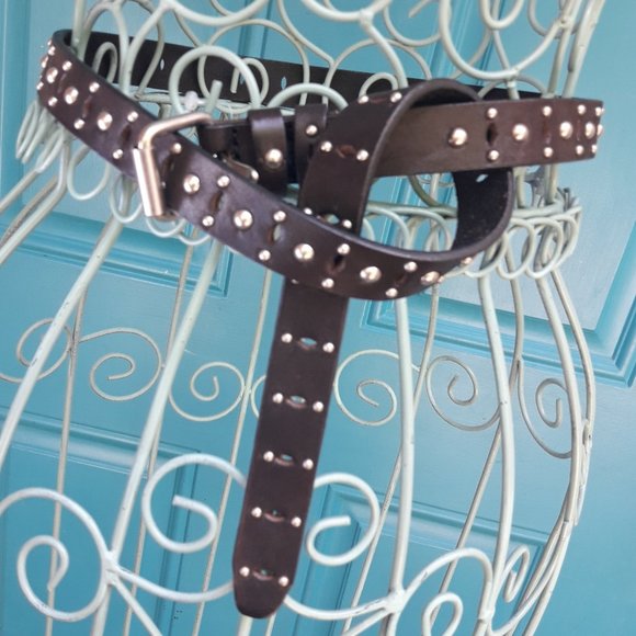 Genuine Leather Belt Metal Studded Silver Studs Grommets Rivets Goth Medieval. T - Picture 3 of 12